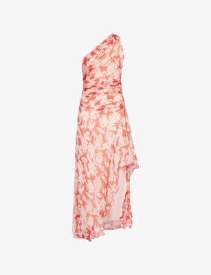 Floral-Print One-Shoulder Silk Midi Dress