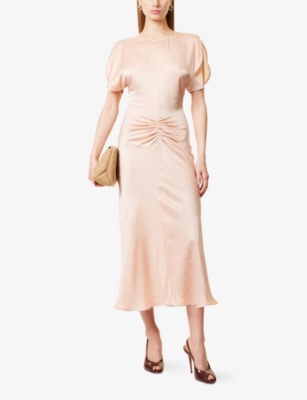 Gathered Floral Satin Midi Dress