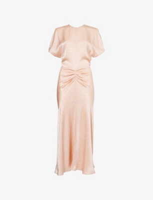 Gathered Floral Satin Midi Dress