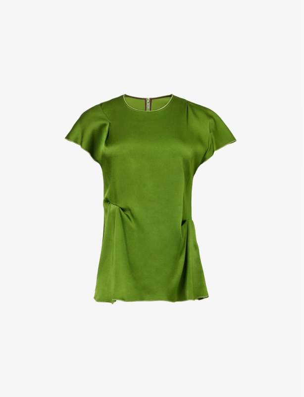 Draped Pleat Short-Sleeve Satin Top