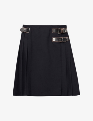 PRADA: Pleated Buckle-Detail Mohair Wool-Blend Midi Skirt