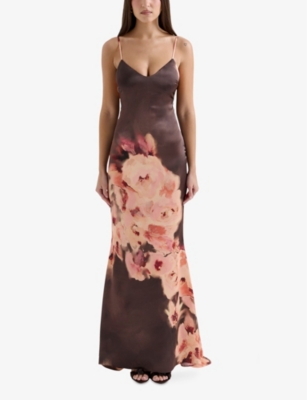House Of Cb Womens  Mariamma Floral-print Satin Maxi Dress In Dark Brown Floral
