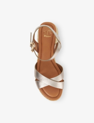 Dune Womens  Littleton Cross-strap Leather Raffia Flatform Sandals In Gold Leather