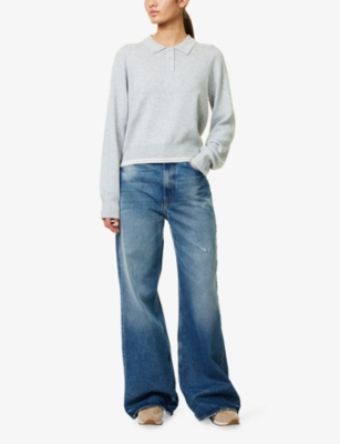ADANOLA: Collar Button-Up Cropped Knit Sweatshirt