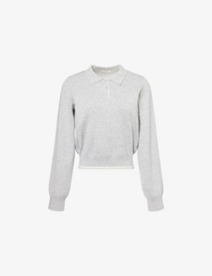 ADANOLA: Collar Button-Up Cropped Knit Sweatshirt