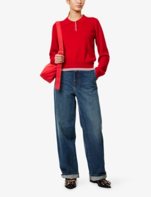 ADANOLA: Collar Button-Up Cropped Knit Sweatshirt