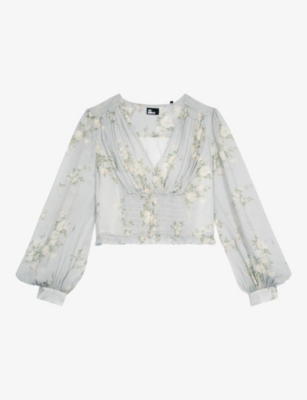 The Kooples Womens Floral-print Ruffled-hem Woven Top Blue In Blue