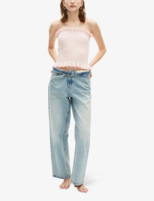 The Kooples Womens Lila Frill-trim Shirred Strapless Cotton Top