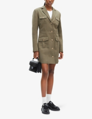 The Kooples Womens Kaki Lapel-collar Button-embellished Linen And Cotton-blend Mini Dress