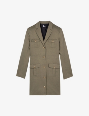 The Kooples Womens Kaki Lapel-collar Button-embellished Linen And Cotton-blend Mini Dress