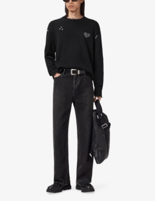 Allsaints Cotton Distressed Theo Sweater In Black