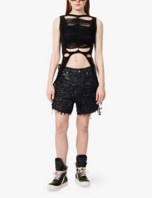 RICK OWENS: Cut-Off Distressed Waxed Cotton Shorts