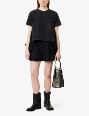SACAI: Frayed-Hem Belted Tweed Woven Shorts