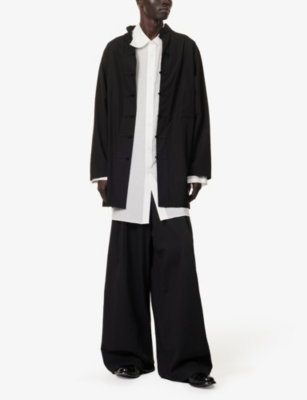 YOHJI YAMAMOTO MENS OFF WHITE ASYMMETRIC DOUBLE-LAYER-COLLAR PATCH-POCKET WOVEN SHIRT 