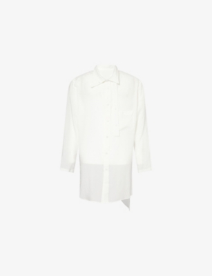 Shop Yohji Yamamoto Mens Off White Asymmetric Double-layer-collar Patch-pocket Woven Shirt