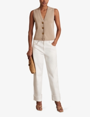 Reiss Womens Neutral Gaia Button-embellished Stretch-knit Vest In Neutral