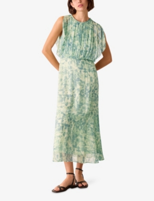 Whistles Womens Dashed Brush Marks Gathered Woven Midi Dress Multi-coloured In Multi-coloured