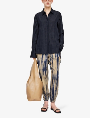 Joseph Womens Long-sleeved Crinkled Silk Blouse Navy