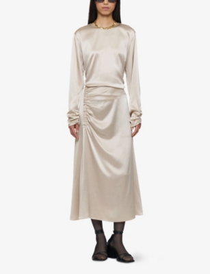 JOSEPH: Andrea Ruched Silk-Satin Midi Skirt