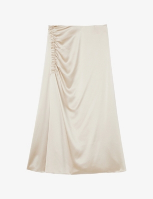 JOSEPH: Andrea Ruched Silk-Satin Midi Skirt