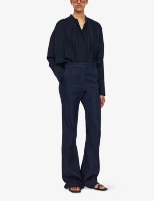 Joseph Womens Navy Tafira Flared-leg Stretch-linen Trousers In Navy