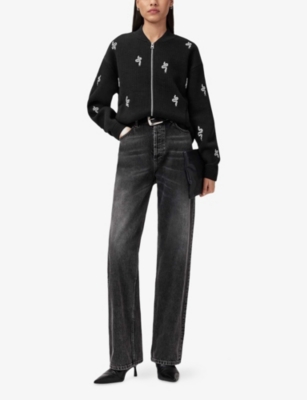 Allsaints Womens Black Rhea Snake-embellished Cotton-blend Bomber Jacket In Black