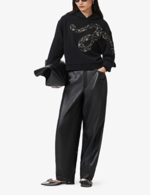 Allsaints Womens Black Alenka Pippa Snake-embellished Regular-fit Cotton Hoody In Black
