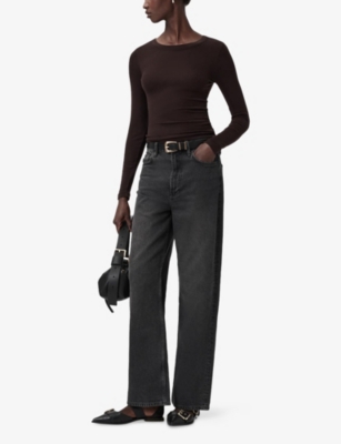 Allsaints Womens Torte Brown Rina Crewneck Stretch-jersey T-shirt In Brown