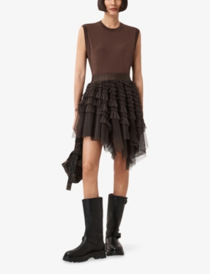 Allsaints Polyester Jayde Ruffled Tulle Mini Skirt In Brown