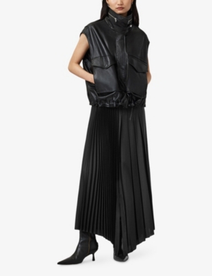 Allsaints Womens Black Jax Pleated Satin Midi Skirt In Black