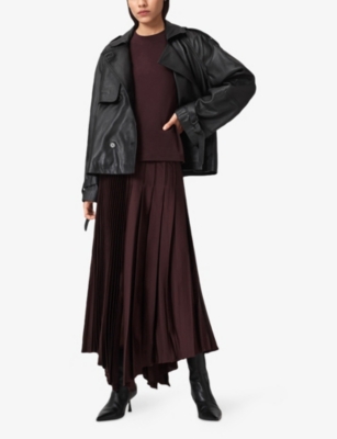 Allsaints Womens Oxblood Red Jax Pleated Satin Midi Skirt In Animal Print