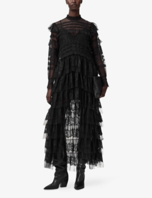 Allsaints Womens Cavarly High-neck Long-sleeve Woven Maxi Dress Lace Black In Black