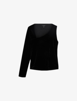 Allsaints Womens Black Ari Asymmetric-neck One-sleeve Stretch-velvet Top In Black