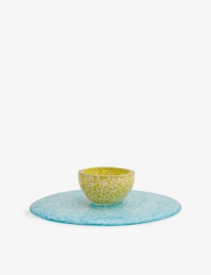 Laetitia Rouget Turquoise Yellow Footed Glass Cakestand And Bowl