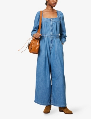 Shop Free People Womens  Clara Wide-leg Denim Jumpsuit In Going Steady