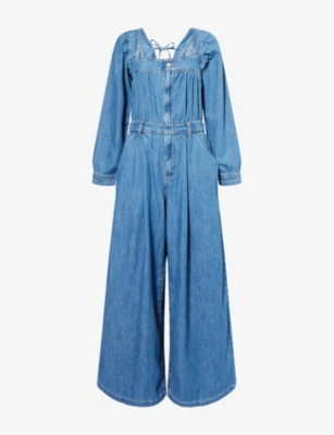 Shop Free People Womens  Clara Wide-leg Denim Jumpsuit In Going Steady
