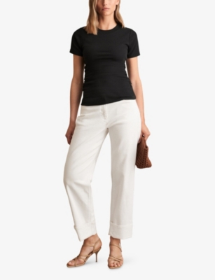 Reiss Womens Black Tess Ribbed Ruched Stretch-cotton T-shirt In Black