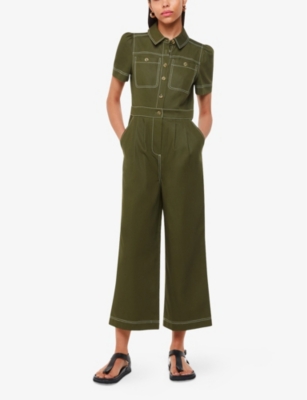 Whistles Omens  Della Button-up Short-sleeve Cotton Jumpsuit In Khaki/olive