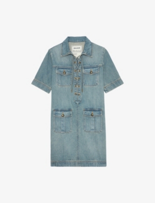 ZADIG&VOLTAIRE: Short-Sleeved Faded-Wash Denim Mini Dress