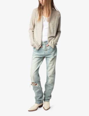Zadig & Voltaire Womens Daffy Embellished Knitted Cashmere Cardigan Geology Xs In Geology