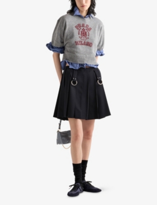 Shop Prada Womens  Pleated Gabardine Ring-hardware Wool Mini Skirt In Blue