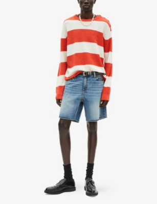 The Kooples Mens Orange Ecru Crewneck Regular-fit Striped Wool And Linen-blend Jumper