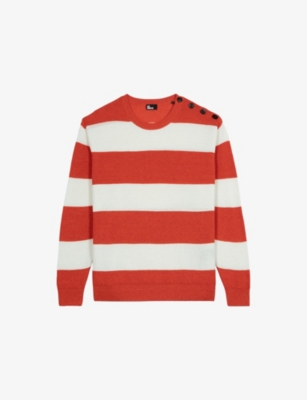 The Kooples Mens Orange Ecru Crewneck Regular-fit Striped Wool And Linen-blend Jumper