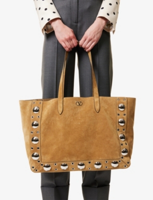 Valentino Womens Havana Beige Nellcôte Large Studded Suede Tote Bag In Brown