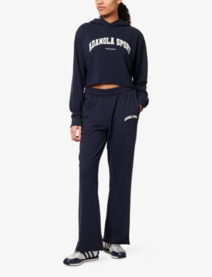 Shop Adanola Womens Navy Blue Raw-hem Crop Cotton-blend Hoody