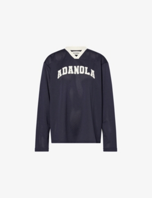 Adanola Womens V-neck Long-sleeves Woven Top Navy Blue/marsh Wht