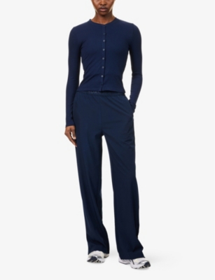 ADANOLA: Ribbed Round-Neck Stretch-Woven Top