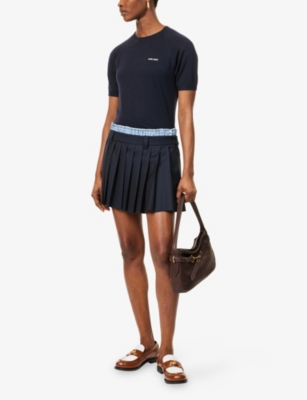 MIU MIU: Logo-Embroidered Short-Sleeve Knitted Wool Top