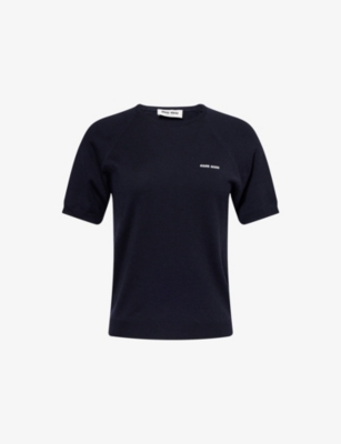 MIU MIU: Logo-Embroidered Short-Sleeve Knitted Wool Top