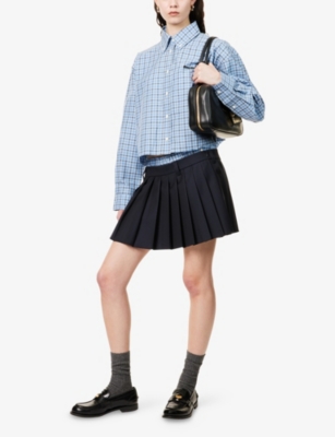 MIU MIU: Pleated Check-Waistband Wool Mini Skirt